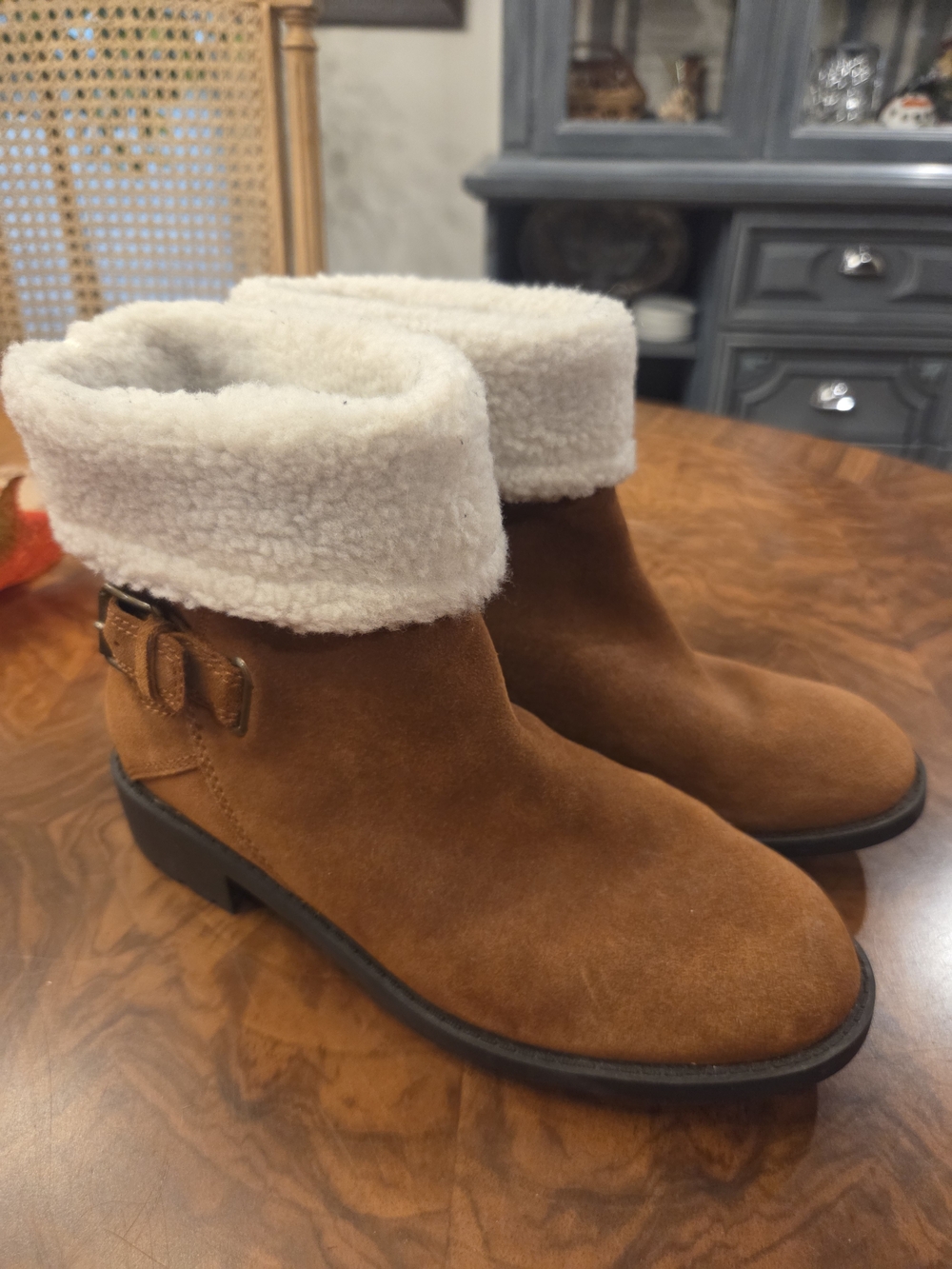 Cole Haan Chestnut Suede Ankle Boots with Cream Faux Shearling Cuff